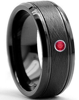 Tungsten Wedding Band Ring with Stone Ruby