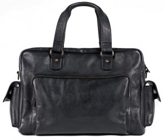 Black Leather Laptop Duffle Bag for Men