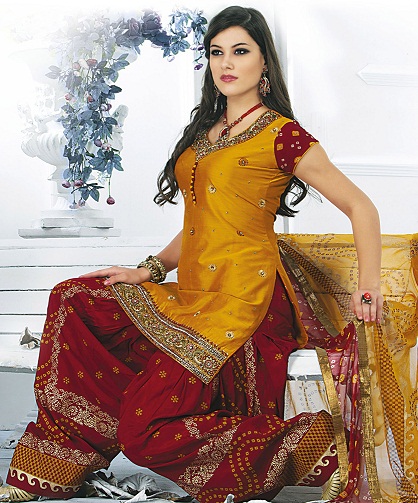 Indian Style Red and Mustard Bandhej Salwar Suit