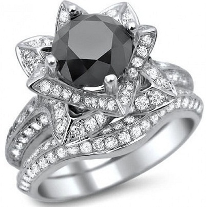 Lotus Flower Black Diamond Wedding Ring