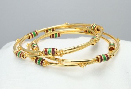 Thin Gold Bangles with Kundan Round Beads