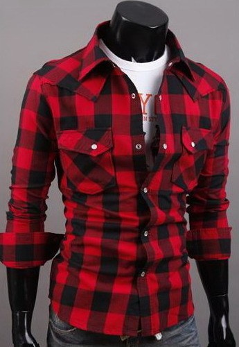 Red and Black Shoulder Design Men’s Plaid Shirt