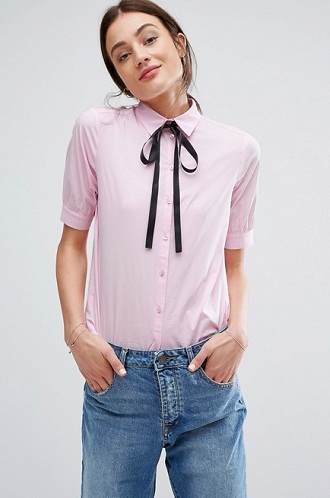 Contrast Collar Pink Women Shirts