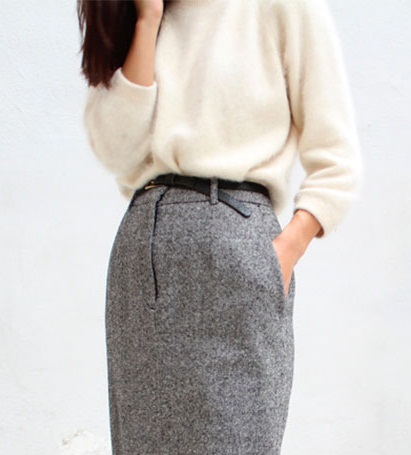 Formal Grey Side Pocket Wool Skirt