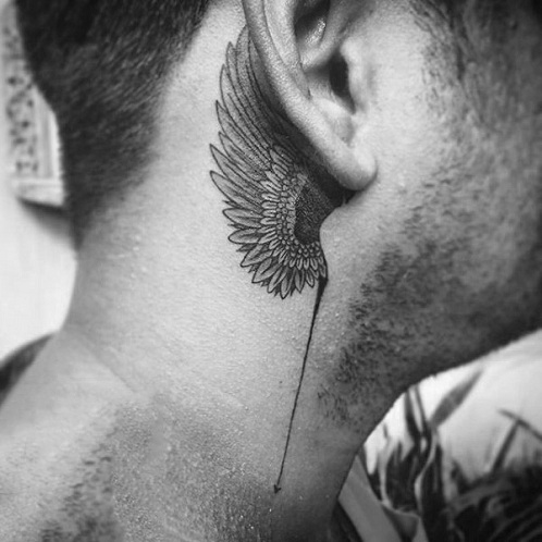 Angel Wing Design Behind Ear Tattoo