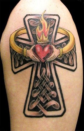 Celtic cross with Claddagh design tattoo