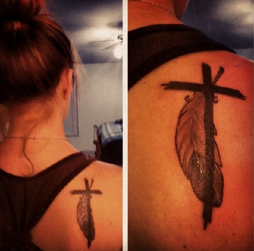 Cross with Feather Tattoo Design