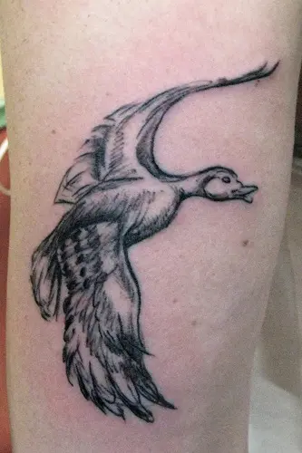 Colored flying Duck Tattoo On Right Back Shoulder
