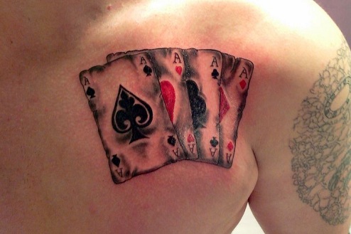 Four Aces Colored Chest Tattoo Design
