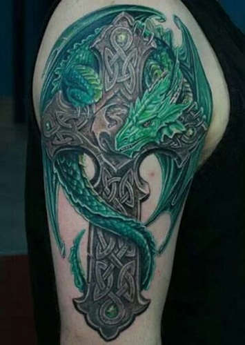 Green Dragon with Cross Tattoo Design
