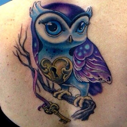 Owl with lock purple tattoo