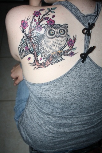 Pink with black owl style Tattoo