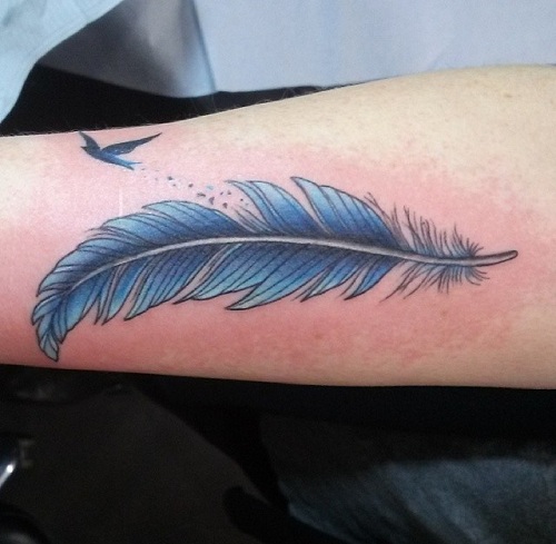 Single Feather Pattern Blue Tattoo