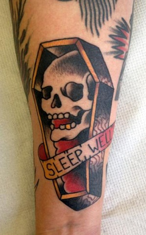 Sleep well coffin tattoo