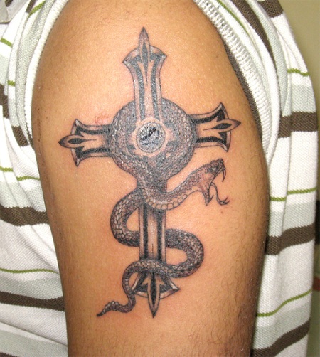 Snake with Cross Tattoo Design