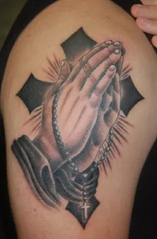 Praying hands with rosary tattoo Royalty Free Vector Image