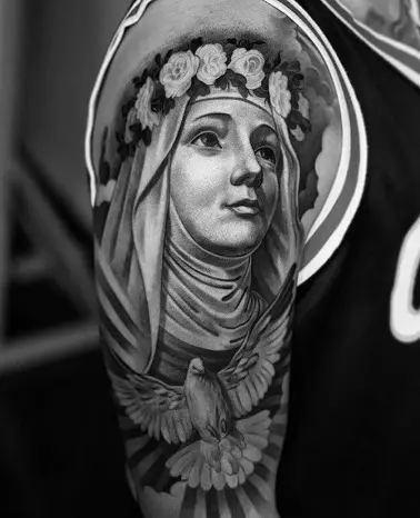 Tattoo uploaded by Ledja Qereshniku  Virgin Mary rose and cross tattoo on  forearm  Tattoodo