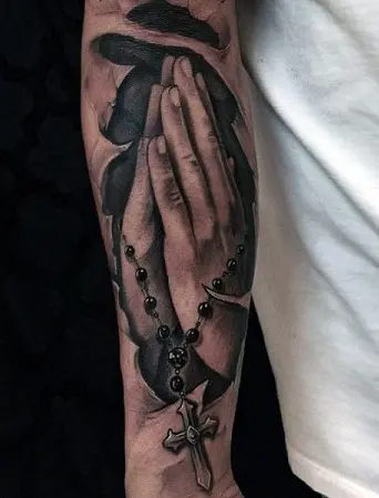 Amazing artist Jorge Jamaica jamaicatatts awesome rose script praying  hands arm tattoo  rip portra  Tattoo arm designs Sleeve tattoos Men  tattoos arm sleeve