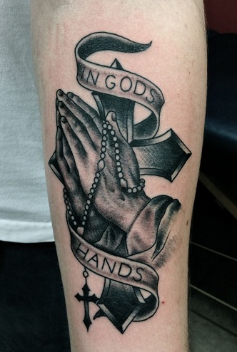 Classic Rosary tattoo with cross in 3D style done on hand