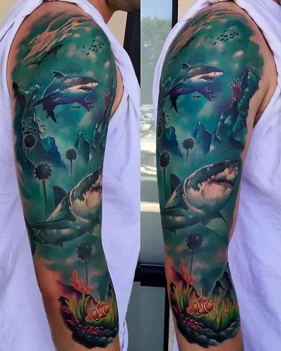 Realistic Shark Sea Sleeve Tattoo by Negative Karma