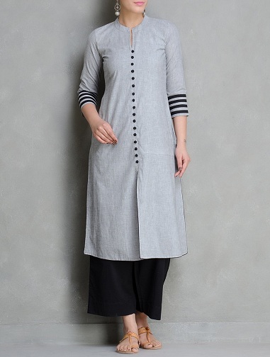3 Flower Grey Color Hand Embroidered Round Neck ALine Kurti for Women   INDIA TELL ME  3339095