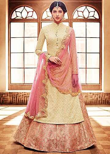 Buy Monghiba Women's Georgette Stitched Kurta With Stitched Georgette  Bottom lehenga Embroidered Straight Kurta lehenga (Kurta Lehenga Set,  Yellow) at Amazon.in