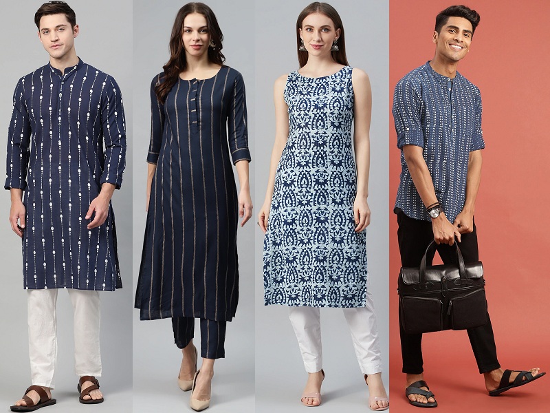 Buy Navy Blue Round Neck Solid Kurta Online - W for Woman