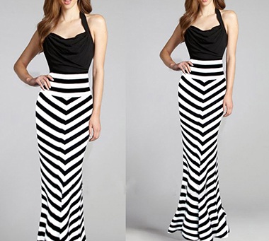 Black and White Elastic Long Striped Skirt