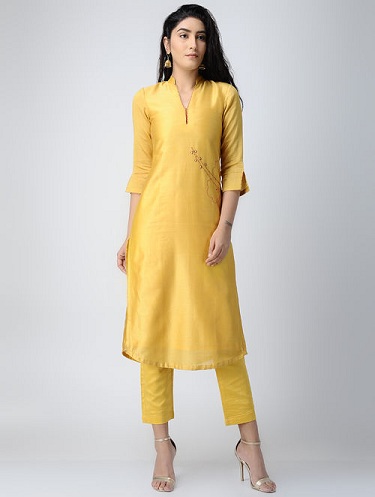 Yellow Embroidered Chanderi Kurta Pants Set