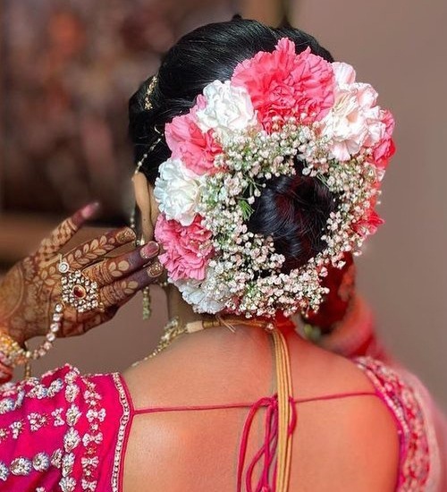 Indian Bridal Hair Bun Hairstyles with Flowers