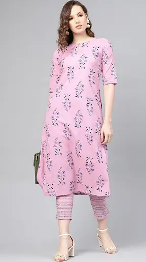 White Printed Pleated Kurta With Side Pockets With Solid Cigarette