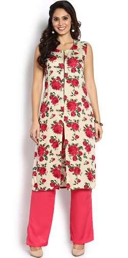 Floral Beige and Pink Kurti Suit