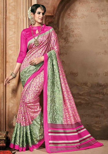 Green And Pink Cotton Silk Print Saree