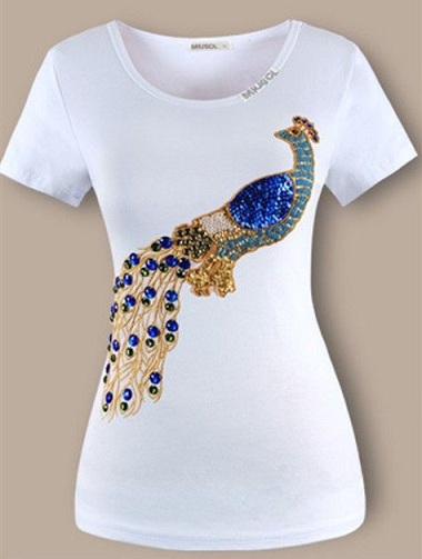 Peacock Embroidery T-Shirt for Women