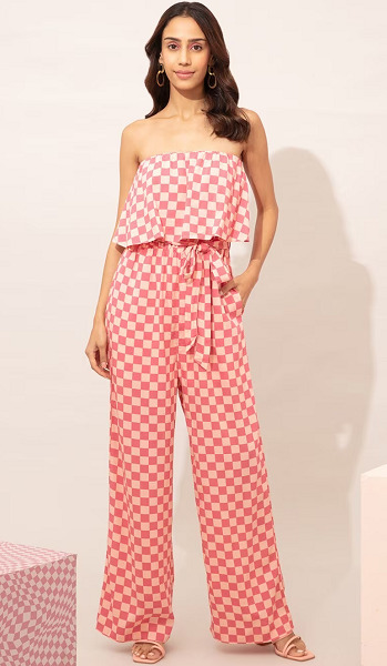 Pink Checkered Strapless Jumpsuit