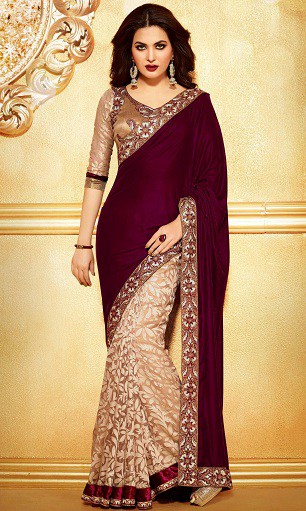 Beige and Maroon Color North Indian Saree