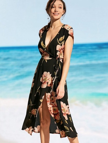 Black Floral Beach Gown