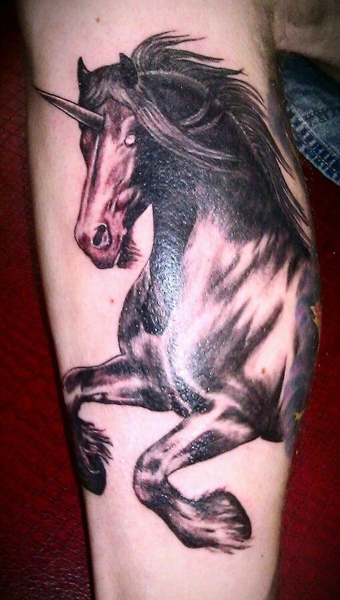 Black Unicorn Tattoo On Thigh