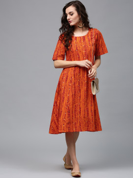 Orange printed Fit and Flare Dress