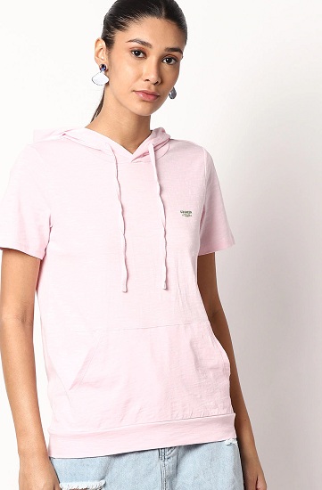 Pink Cotton Hooded T Shirt