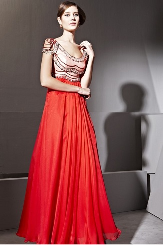 Red Mandarin Designed Evening Dress