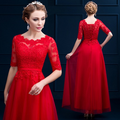 Red Lace Mid Sleeve Designer Evening Dress