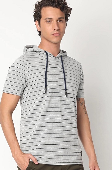 Short Sleeve Striped Hooded T Shirt