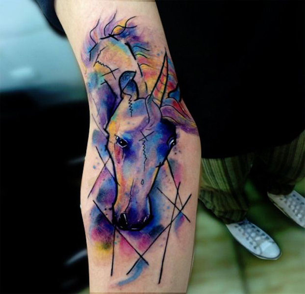 Watercolor Unicorn Tattoo On Elbow