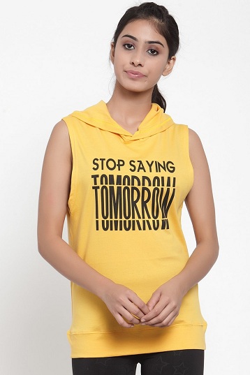Yellow Sleeveless Hooded T Shirt For Women