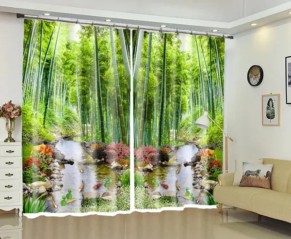 Archaistic Small Fresh Bamboo Printed Bedroom Window Curtains Balcony Decoration