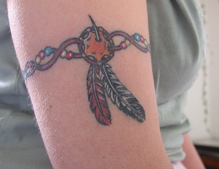 Indian Armband Tattoo With Feathers