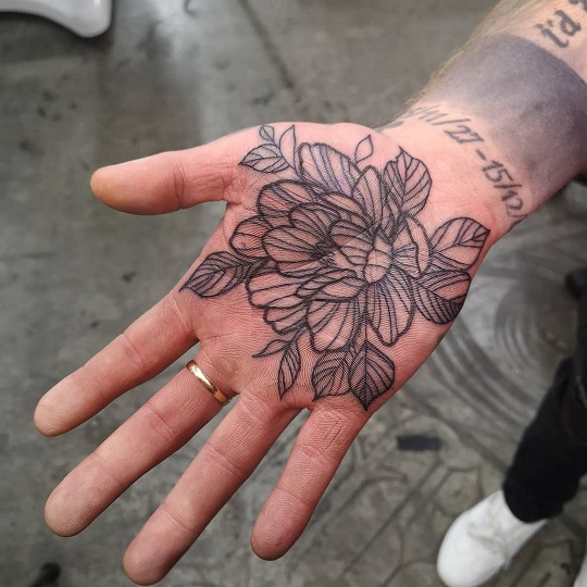 Black Peony Tattoo On The Palm