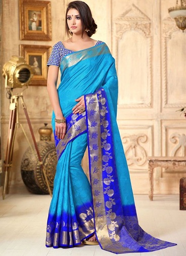 Green With Royal Blue Combination And Royal Blue Blouse Lichi Silk Bea –  garment villa