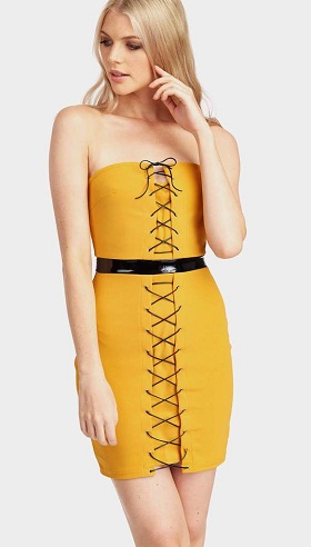 Mustard Lace-up Front Boob Dress